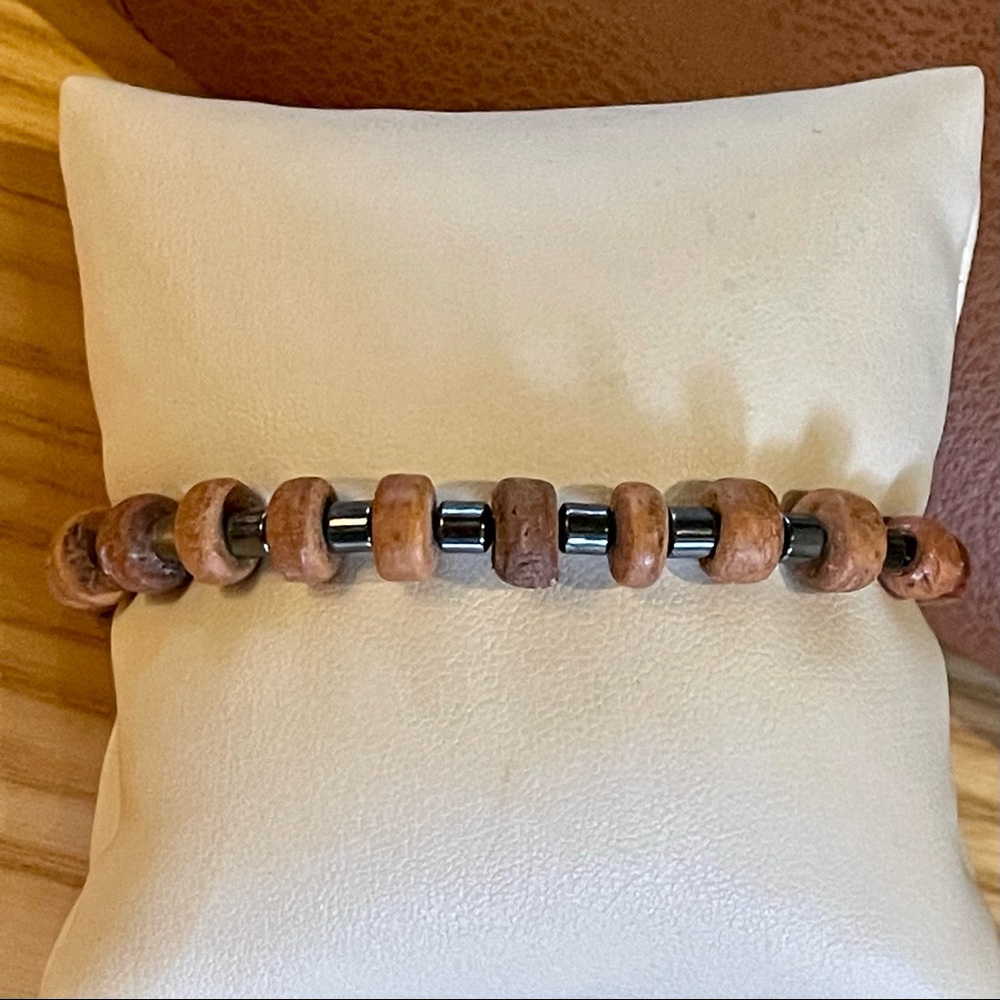 Hematite and sandalwood beaded bracelet.